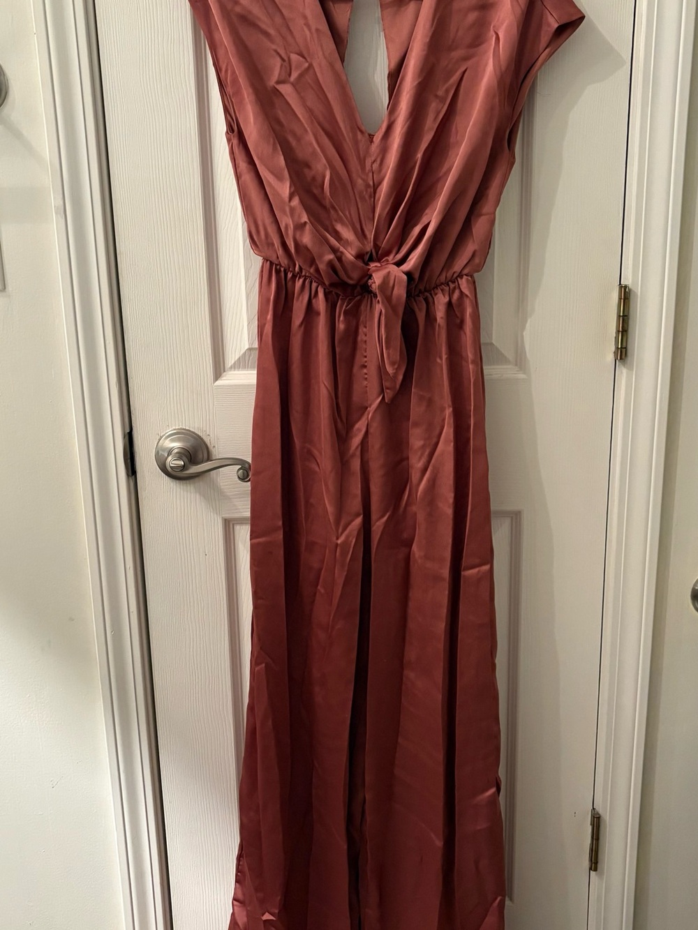 She + Sky Rust-Pink Satin V-Neck Tie-Waist Maxi Dress